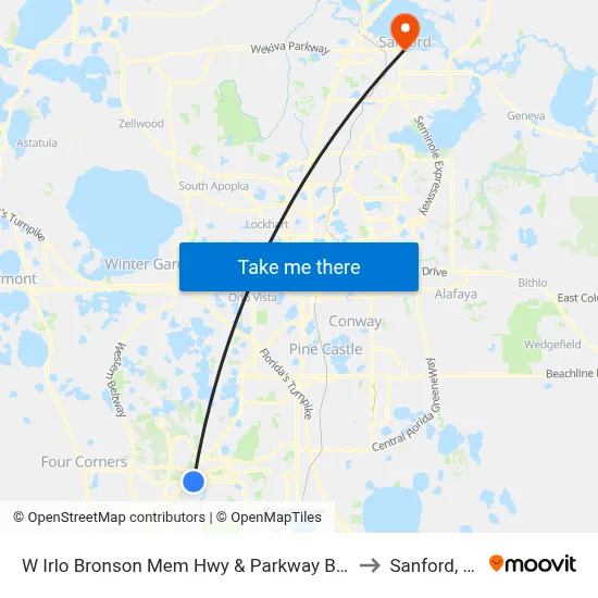 W Irlo Bronson Mem Hwy & Parkway Blvd to Sanford, FL map