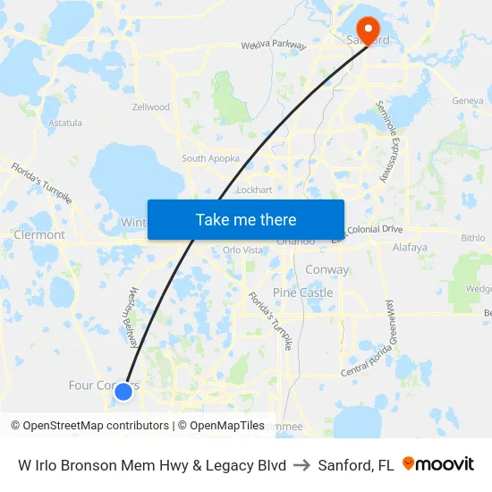 W Irlo Bronson Mem Hwy & Legacy Blvd to Sanford, FL map
