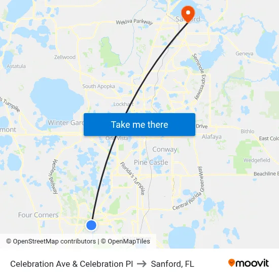 Celebration Ave & Celebration Pl to Sanford, FL map