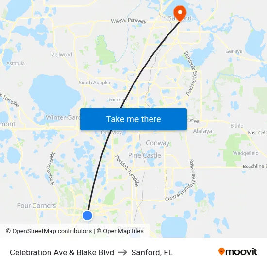 Celebration Ave & Blake Blvd to Sanford, FL map