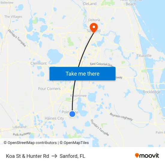 Koa St & Hunter Rd to Sanford, FL map