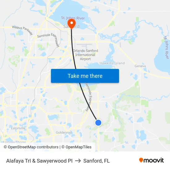 Alafaya Trl & Sawyerwood Pl to Sanford, FL map