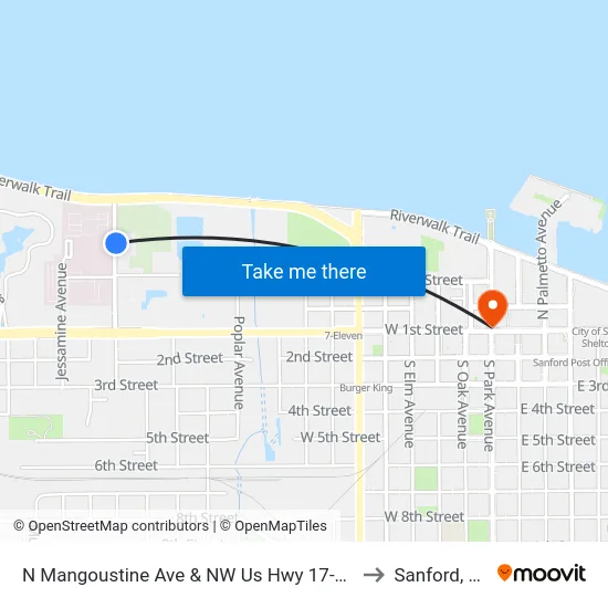 N Mangoustine Ave & NW Us Hwy 17-92 to Sanford, FL map
