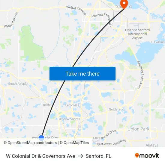 W Colonial Dr & Governors Ave to Sanford, FL map