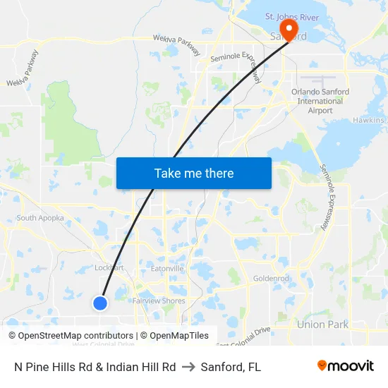 N Pine Hills Rd & Indian Hill Rd to Sanford, FL map