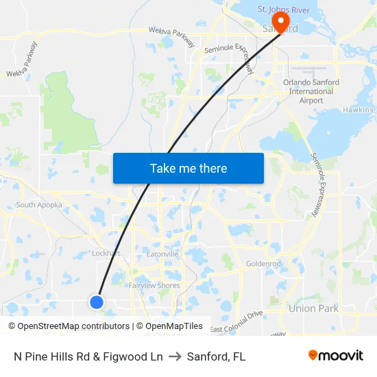 N Pine Hills Rd & Figwood Ln to Sanford, FL map