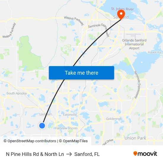 N Pine Hills Rd & North Ln to Sanford, FL map