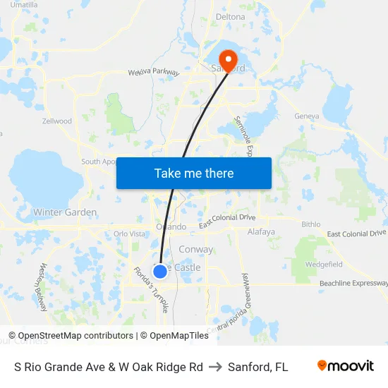 S Rio Grande Ave & W Oak Ridge Rd to Sanford, FL map