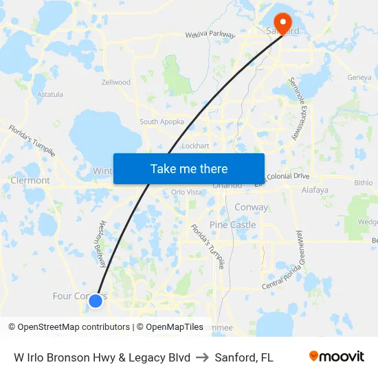 W Irlo Bronson Hwy & Legacy Blvd to Sanford, FL map