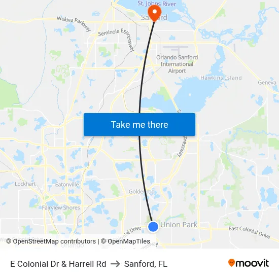 E Colonial Dr & Harrell Rd to Sanford, FL map