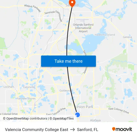 Valencia Community College East to Sanford, FL map