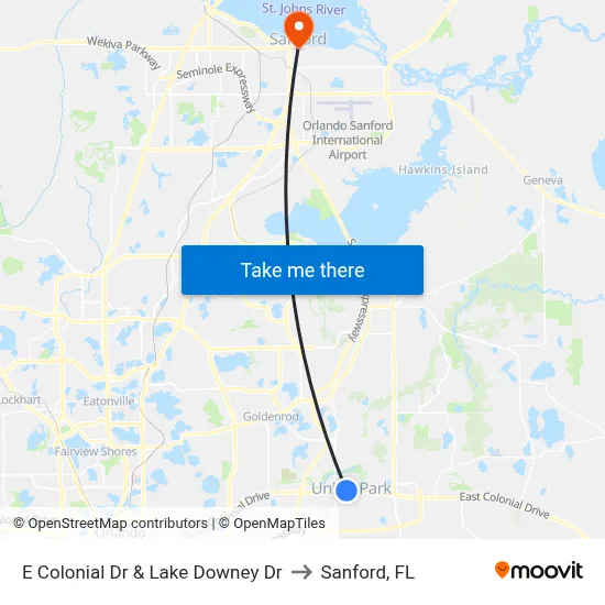 E Colonial Dr & Lake Downey Dr to Sanford, FL map