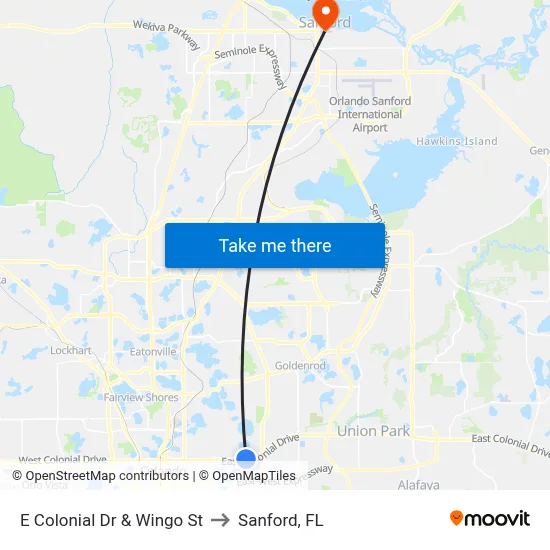 E Colonial Dr & Wingo St to Sanford, FL map