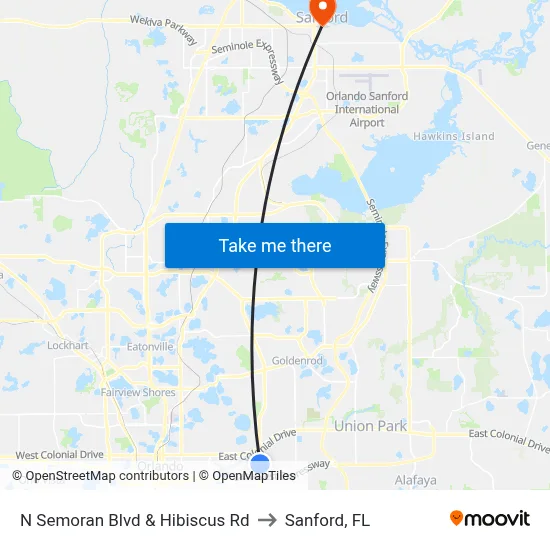 N Semoran Blvd & Hibiscus Rd to Sanford, FL map
