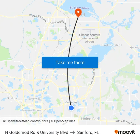 N Goldenrod Rd & University Blvd to Sanford, FL map