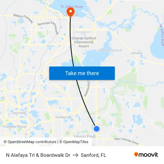 N Alafaya Trl & Boardwalk Dr to Sanford, FL map