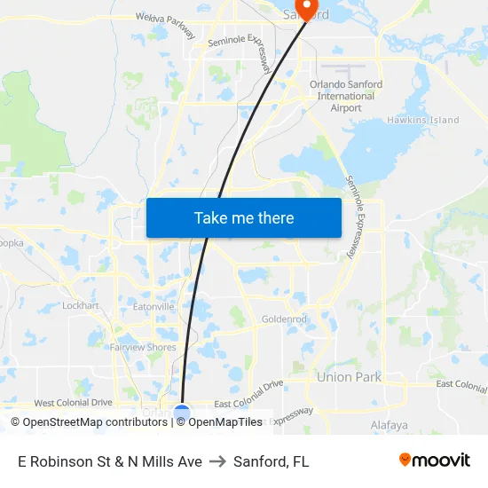 E Robinson St & N Mills Ave to Sanford, FL map