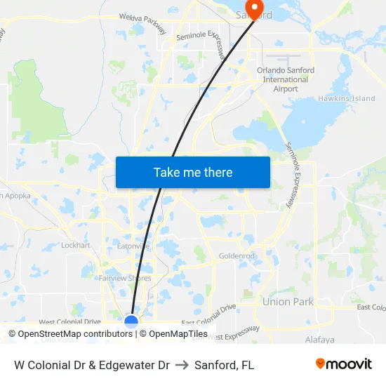 W Colonial Dr & Edgewater Dr to Sanford, FL map