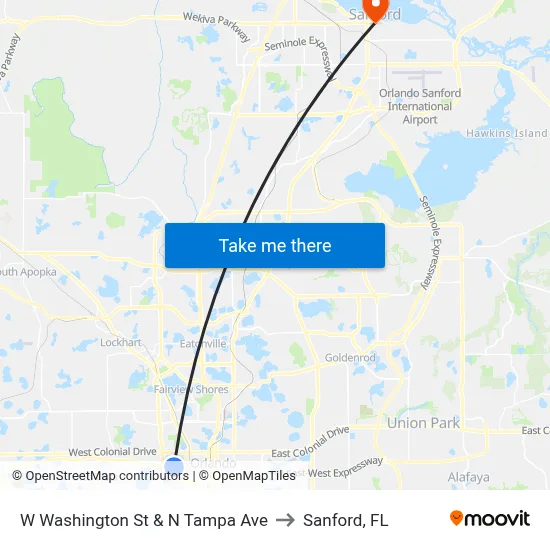 W Washington St & N Tampa Ave to Sanford, FL map