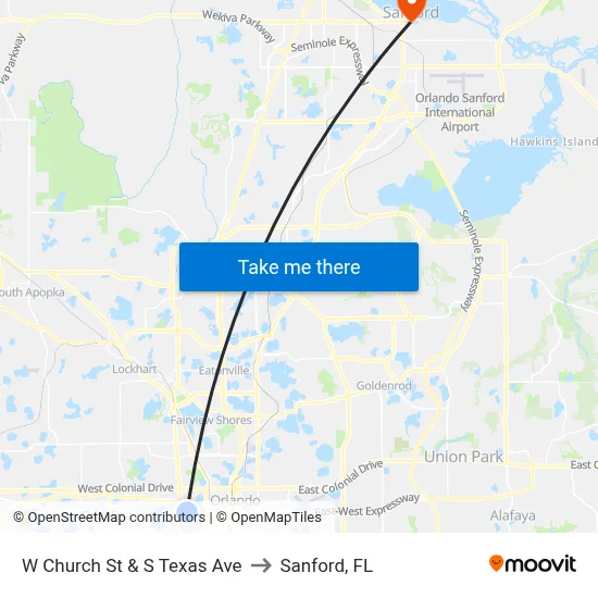 W Church St & S Texas Ave to Sanford, FL map