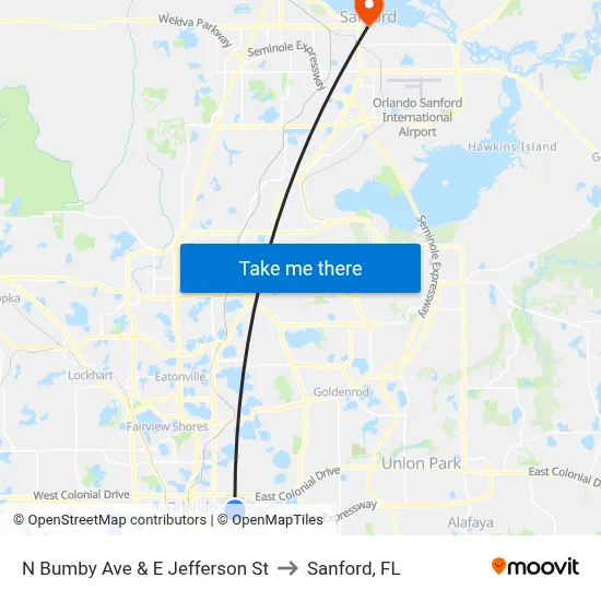 N Bumby Ave & E Jefferson St to Sanford, FL map