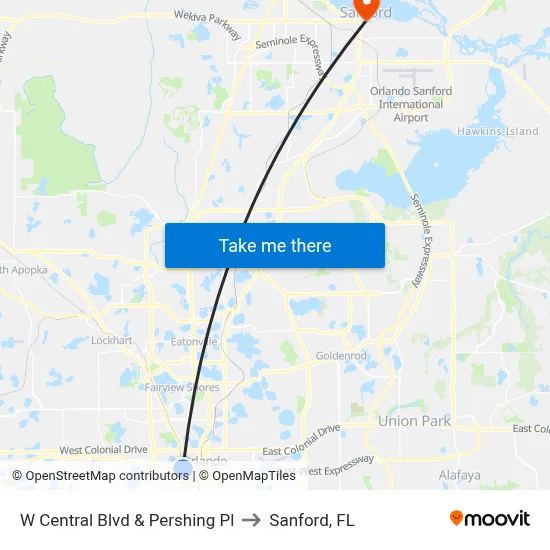 W Central Blvd & Pershing Pl to Sanford, FL map