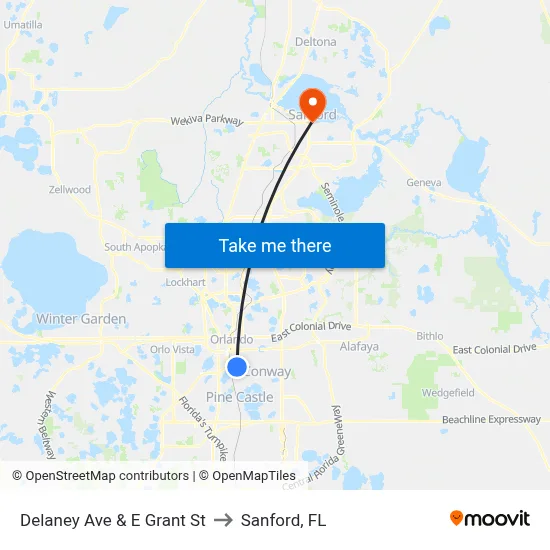 Delaney Ave & E Grant St to Sanford, FL map