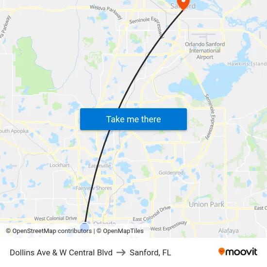 Dollins Ave & W Central Blvd to Sanford, FL map