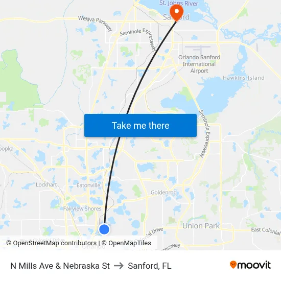 N Mills Ave & Nebraska St to Sanford, FL map