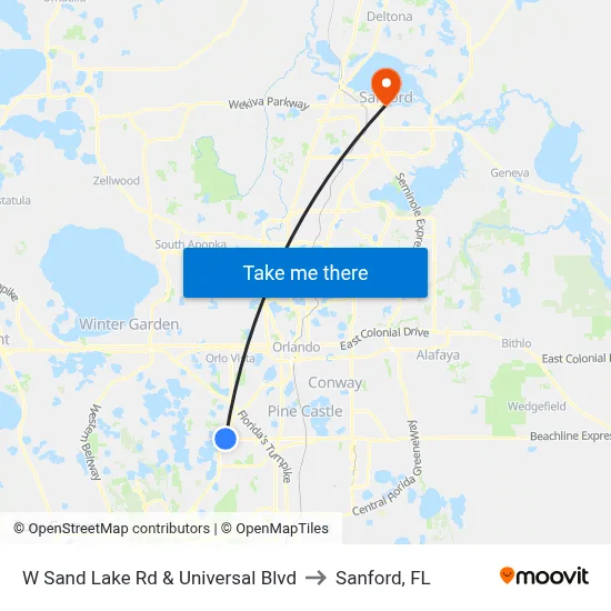 W Sand Lake Rd & Universal Blvd to Sanford, FL map
