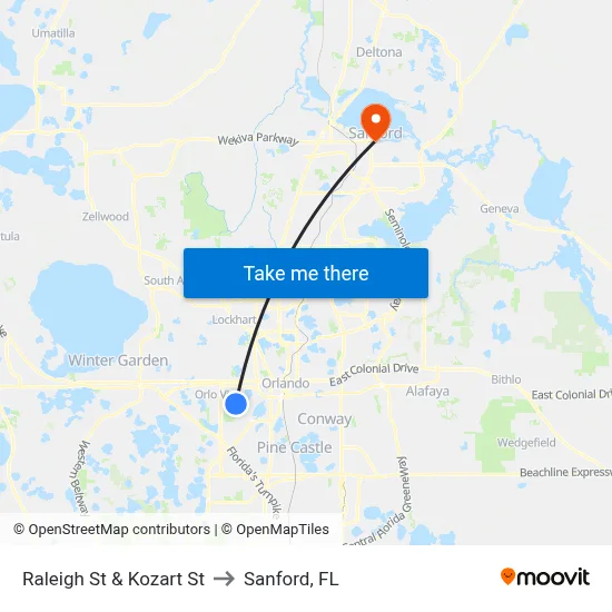 Raleigh St & Kozart St to Sanford, FL map