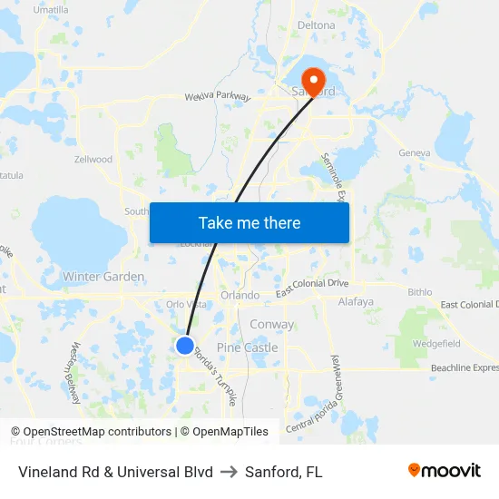 Vineland Rd & Universal Blvd to Sanford, FL map