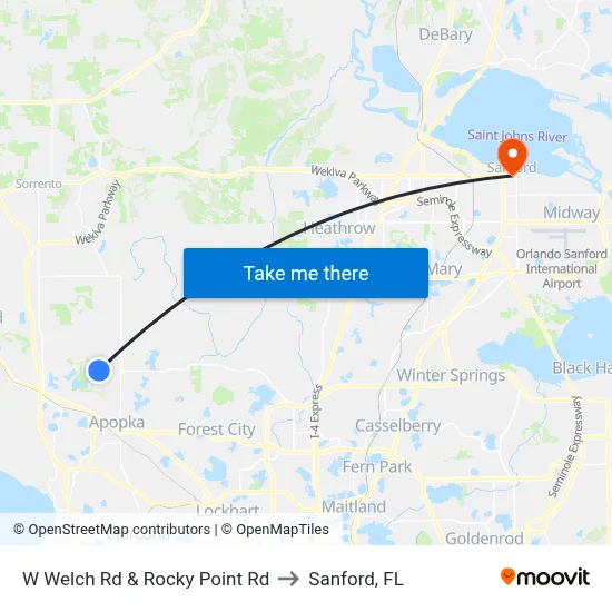 W Welch Rd & Rocky Point Rd to Sanford, FL map