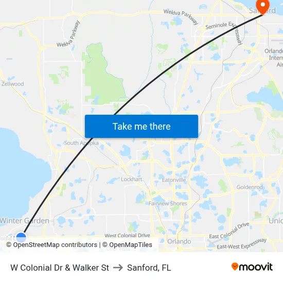 W Colonial Dr & Walker St to Sanford, FL map