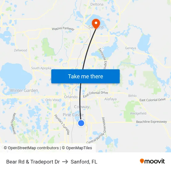 Bear Rd & Tradeport Dr to Sanford, FL map
