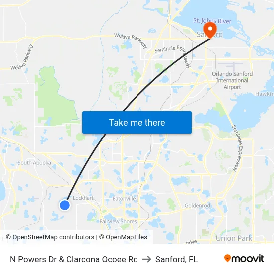 N Powers Dr & Clarcona Ocoee Rd to Sanford, FL map