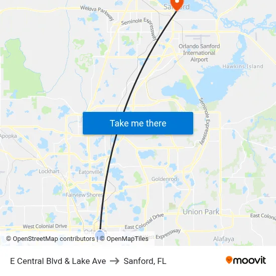 E Central Blvd & Lake Ave to Sanford, FL map