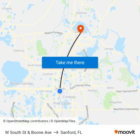 W South St & Boone Ave to Sanford, FL map