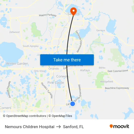 Nemours Children Hospital to Sanford, FL map