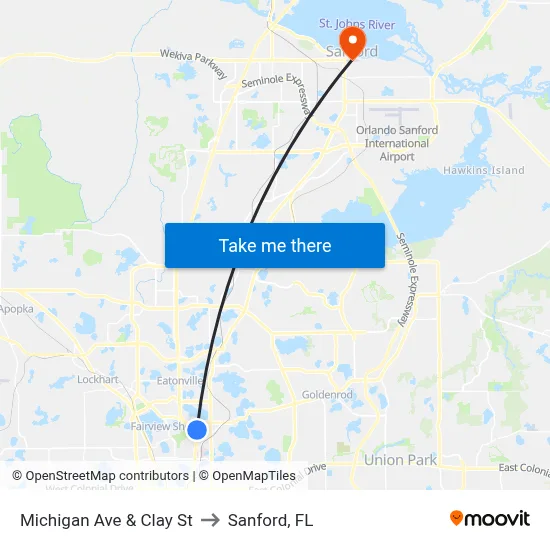 Michigan Ave & Clay St to Sanford, FL map