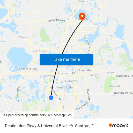 Destination Pkwy & Universal Blvd to Sanford, FL map
