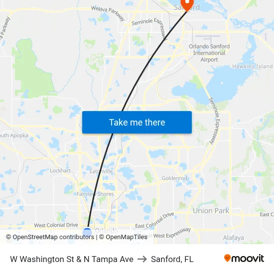 W Washington St & N Tampa Ave to Sanford, FL map