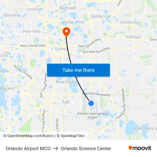 Orlando Airport MCO to Orlando Science Center map