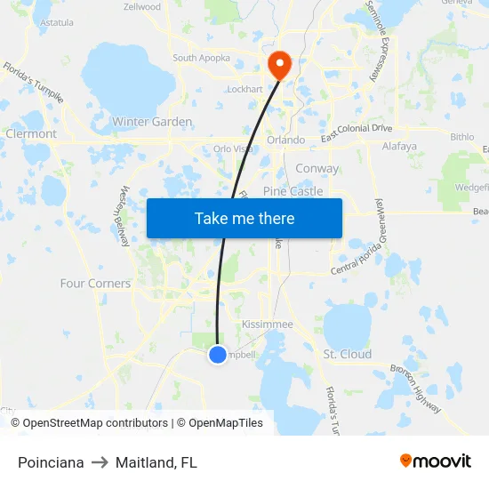 Poinciana to Maitland, FL map