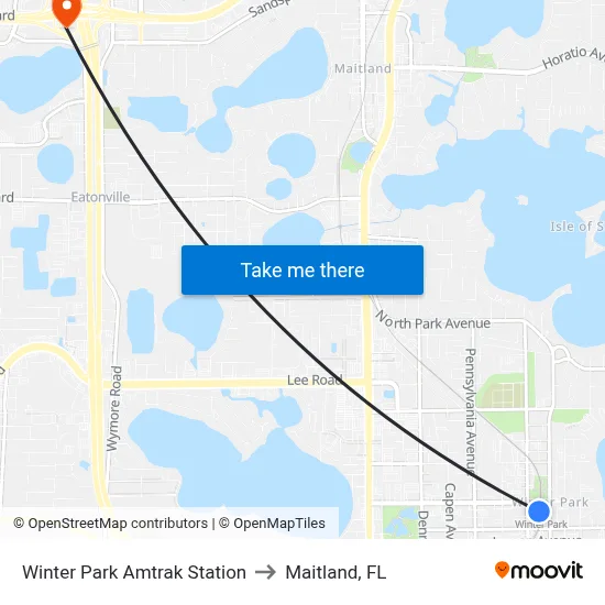 Winter Park Amtrak Station to Maitland, FL map