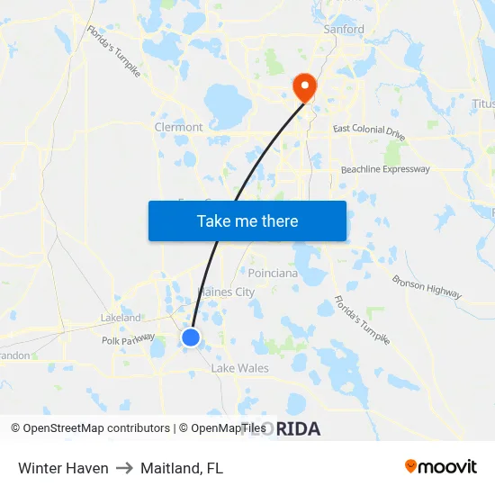 Winter Haven to Maitland, FL map