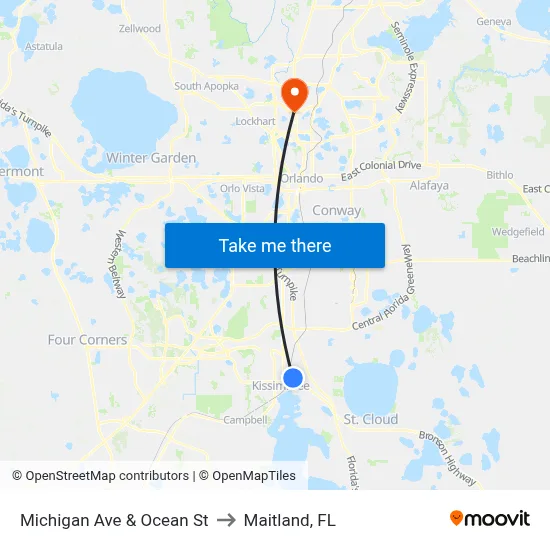 Michigan Ave & Ocean St to Maitland, FL map