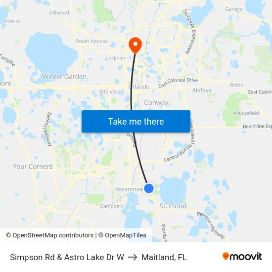 Simpson Rd & Astro Lake Dr W to Maitland, FL map