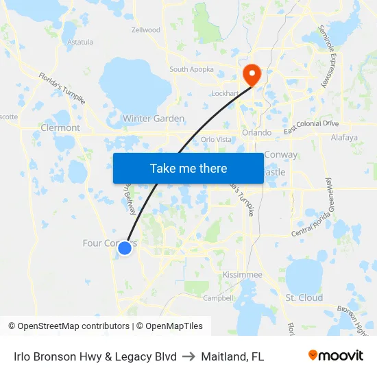 Irlo Bronson Hwy & Legacy Blvd to Maitland, FL map