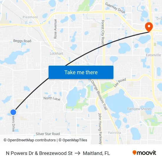 N Powers Dr & Breezewood St to Maitland, FL map